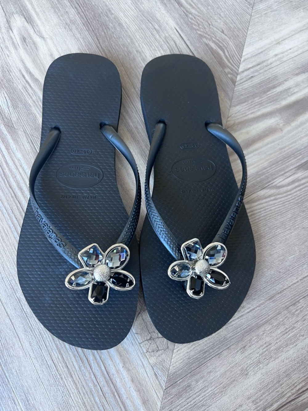 Havaianas Women's Black Flip Flops with Silver Crystal Flower Accent